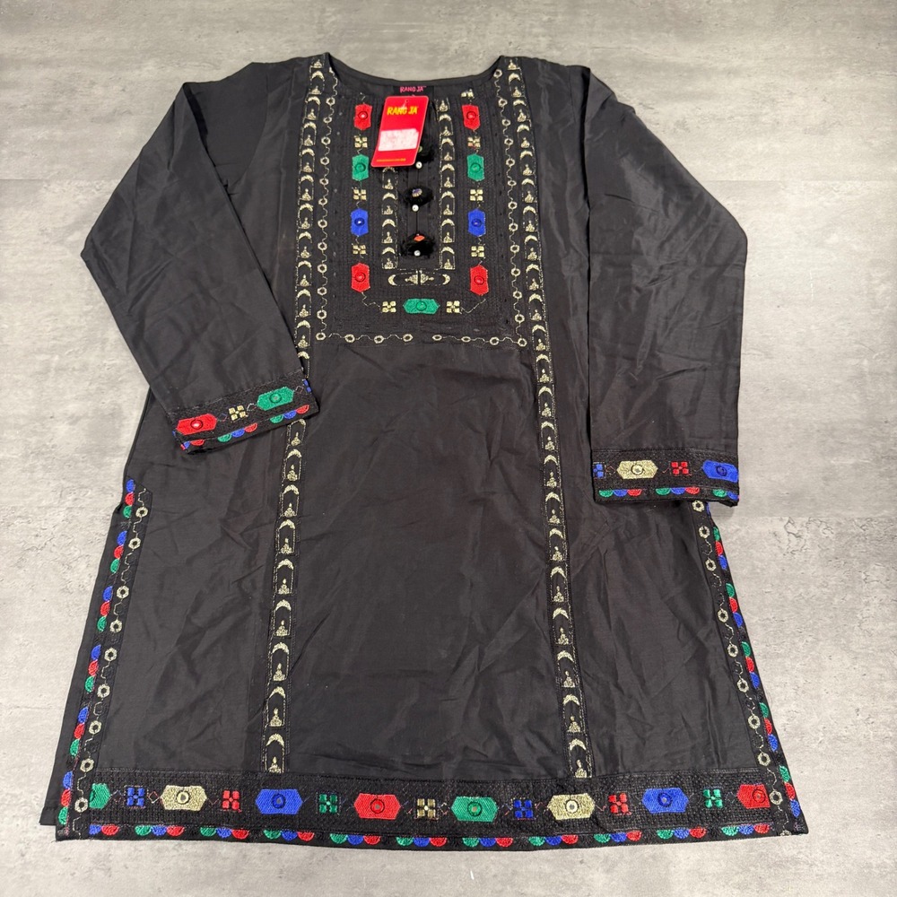 Rang Ja Tunic Pant Set Womens M Black Embroidered Ethnic 2-Piece NEW Pakistani - Picture 3 of 9